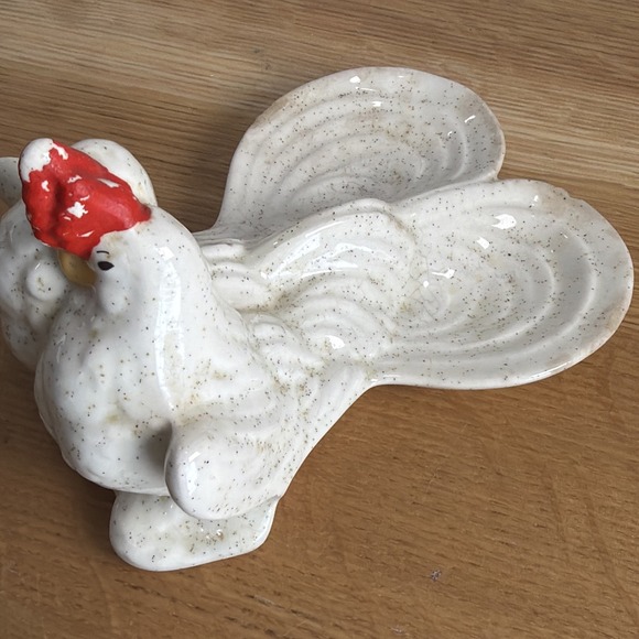Vintage MCM Rooster&hen Double Spoon Holder Rest White Speckled - Picture 2 of 9